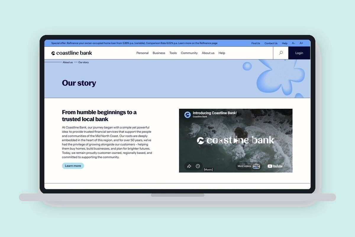 Coastline Bank website design on a laptop