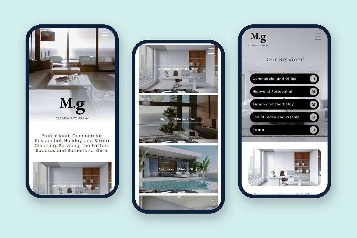 M.G. Cleaning Company website design across three mobile screens