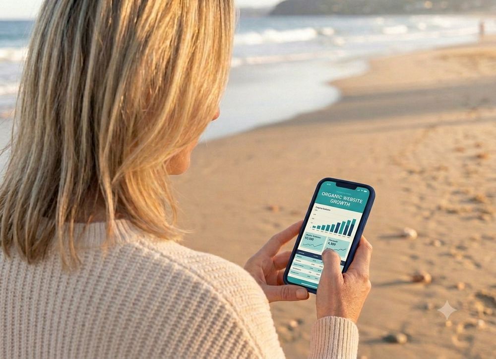 Checking organic website growth on a phone at the beach