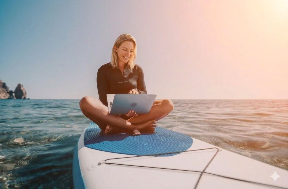 Reviewing a website on a laptop out on the water